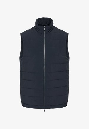 Marineblå puffer vest med høj krave, vandret quiltet mønster, lang lynlås og sidelommer. Letvægts, glat stoftekstur.