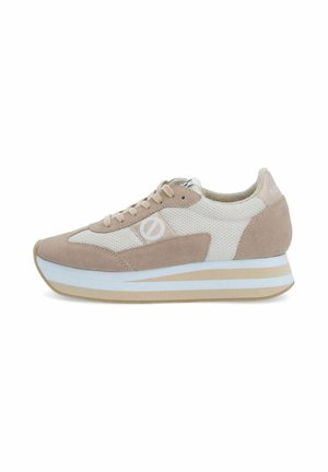 Beige and white mesh sneaker with suede details, white circular logo on side, beige laces, and thick beige and white striped sole.