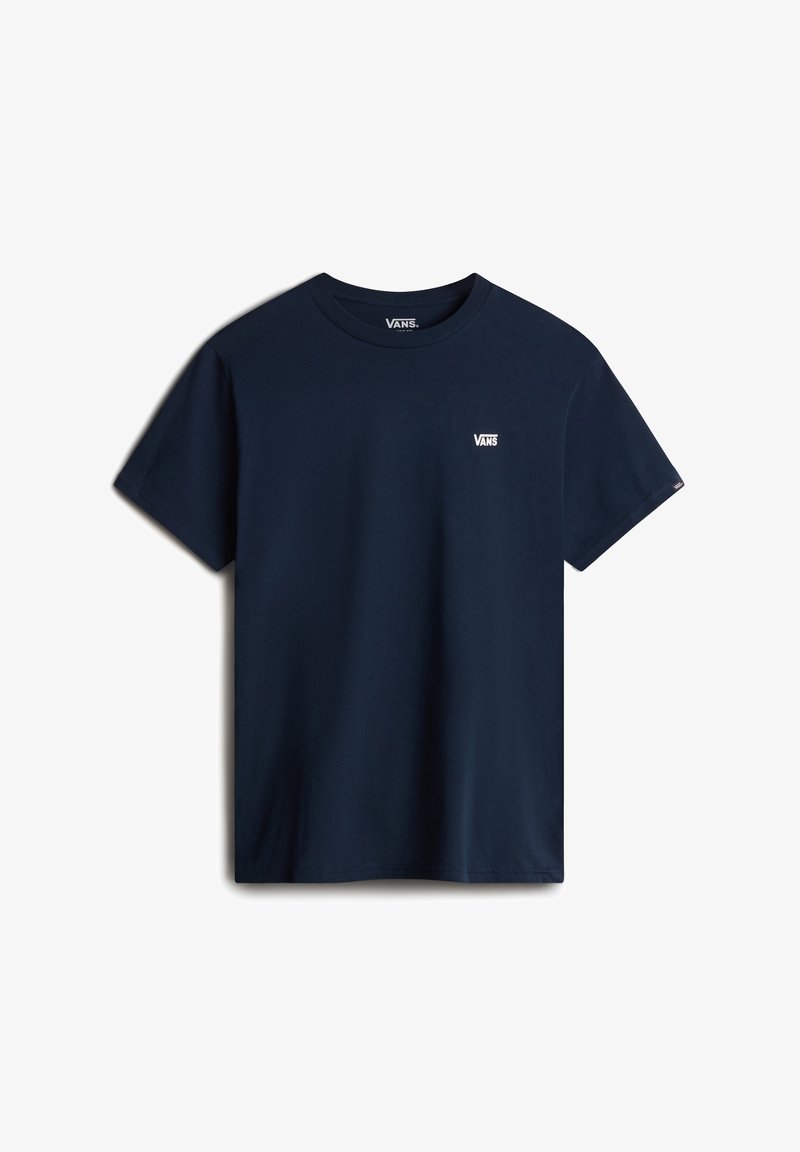 T-shirt Vans bleu marine à manches courtes, col rond et petit logo blanc Vans sur la poitrine gauche et à l'intérieur du col.