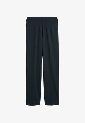 Pantalon navy en tissu doux, avec une coupe large, deux plis avant et une taille élastique pour le confort.