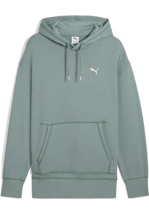 Lichtgroene hoodie met een kangaroezak aan de voorkant, capuchon met trekkoord, geribbelde manchetten en zoom, en een klein wit Puma-logo op de borst.