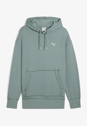 Sweat à capuche vert clair avec poche kangourou à l'avant, capuche avec cordon de serrage, poignets et ourlet côtelés, et petit logo Puma blanc sur la poitrine.