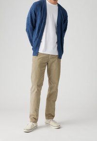 Blå stickad kofta med ett strukturerat mönster, vit t-shirt, beige byxor och vita sneakers med grå detaljer. Avslappnad outfit.