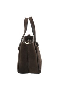 Sac à main en daim marron avec une forme structurée, deux poignées et une petite poche extérieure. Il dispose d'une doublure intérieure lisse et d'accents contrastants.