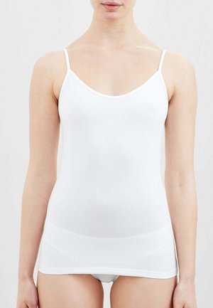 Canottiera bianca con spalline sottili, scollo a U e texture liscia. Progettata per una vestibilità aderente, ideale per stratificare o per un look casual.