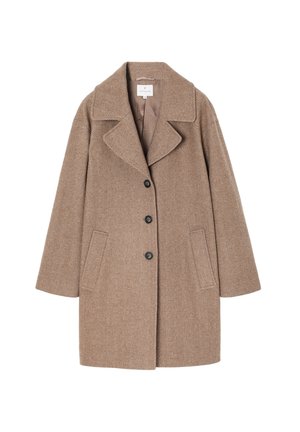 Beige visgraatjas met grote geknipte kraag, drievoudige knoopsluiting en zijzakken. Gemaakt van een gestructureerde stof met een gemarmerde afwerking.