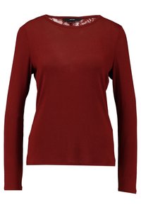 Röd långärmad topp i mjukt material med rund halsringning och slät yta. Designen har en enkel, minimalistisk estetik.