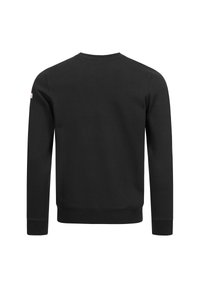 Melns sporta džemperis ar garām piedurknēm, attēlots no aizmugures, ar ribveida aprocēm un apakšmalu, kā arī nelielu logotipa uzšuvumu uz kreisās piedurknes.