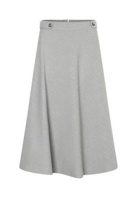 Ein grauer A-Linien-Rock aus strukturiertem Stoff, mit einem Bund, der zwei runde Knöpfe und einen verdeckten Reißverschluss hinten aufweist.