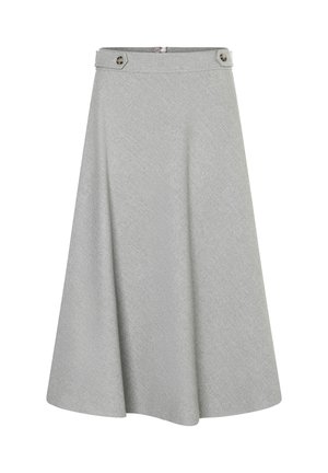 Ein grauer A-Linien-Rock aus strukturiertem Stoff, mit einem Bund, der zwei runde Knöpfe und einen verdeckten Reißverschluss hinten aufweist.