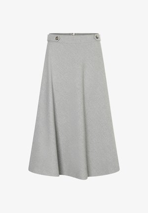 Ein grauer A-Linien-Rock aus strukturiertem Stoff, mit einem Bund, der zwei runde Knöpfe und einen verdeckten Reißverschluss hinten aufweist.