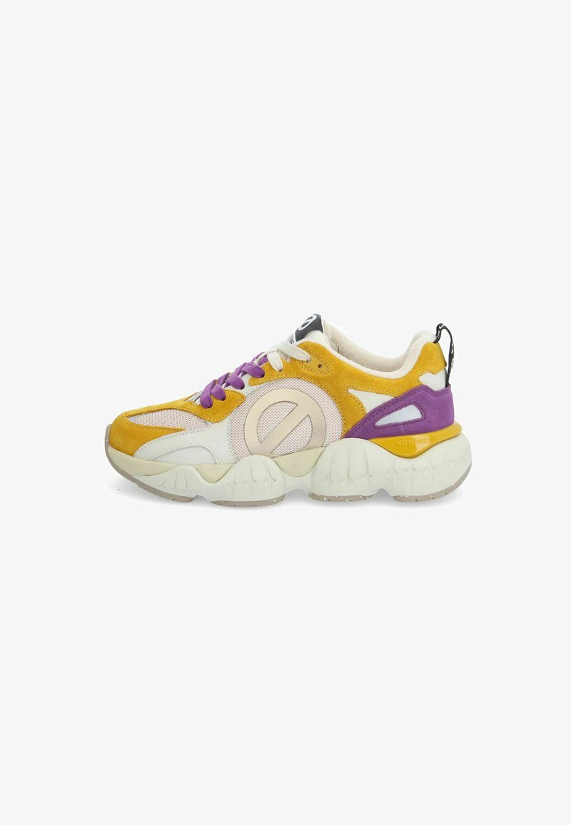 Sneakers featuring a yellow and purple color scheme, suede and mesh materials, round toe, thick white sole, and a logo on the tongue.