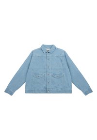Jachetă din denim albastru deschis, cu închidere cu butoane în față, două buzunare mari în față și detalii brodate pe partea stângă a pieptului. Textură moale.