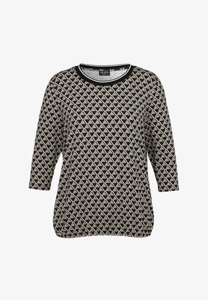 Long-sleeve top with black, beige, and white geometric triangular pattern and black round neckline trim.