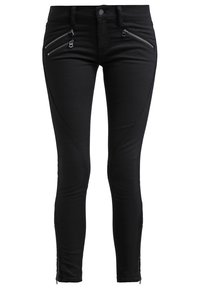 Černé slim-fit džíny s dvěma kapsami na zip vpředu, texturovanou tkaninou a zipy na kotnících, s klasickým designem pěti kapes.