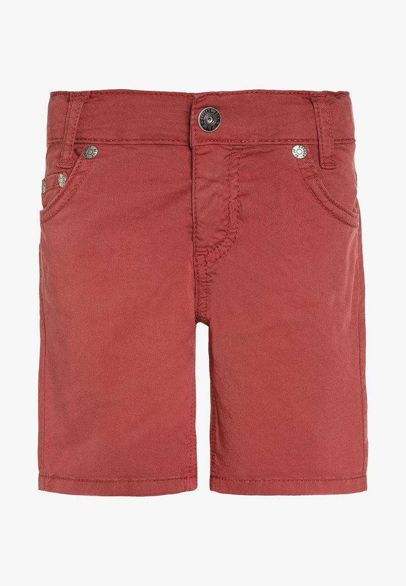 Shorts en coton rouge avec une fermeture à bouton, dotés de poches avant et de coutures décoratives. Texture lisse avec une coupe décontractée.