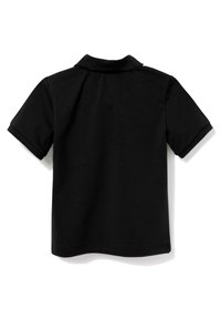 Czarna koszulka polo z krótkim rękawem i złożonym kołnierzykiem, pokazana od tyłu na białym tle.