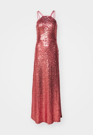 Pailletten-Abendkleid in Rosé, mit einem figurnahen Oberteil, Spaghettiträgern und einem bodenlangen Schnitt mit glatter Textur.