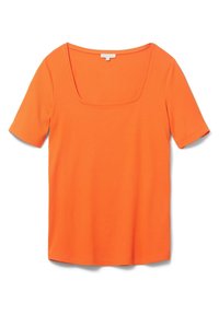 T-shirt à manches courtes et encolure carrée, en tissu ribbed de couleur orange vif. Présente une coupe régulière et une finition propre.