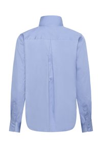 Chemise bleu clair à manches longues en tissu lisse. Elle comporte un col à revers, un pli central dans le dos et des poignets avec boutons.