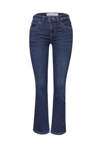 Ciemnoniebieskie jeansy z denimu z lekkim rozszerzeniem, z przodem zapinanym na guzik i zamek oraz z pięcioma kieszeniami.