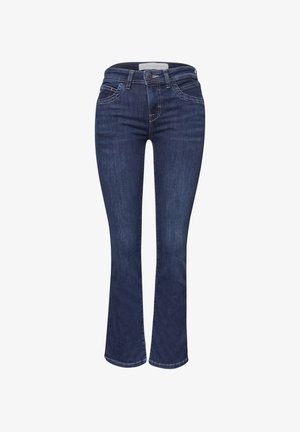 Ciemnoniebieskie jeansy z denimu z lekkim rozszerzeniem, z przodem zapinanym na guzik i zamek oraz z pięcioma kieszeniami.