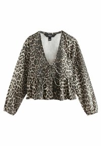 Leopardikuosi yläosa, syvällä V-kaula-aukolla, pitkillä hihoilla ja peplum-mallisella muotoilulla. Edessä käytännöllinen nauhakiinnitys. Pehmeä kangas, jossa on tekstuuri.