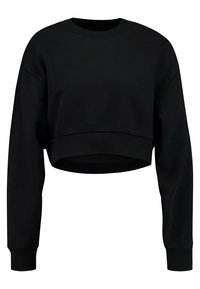 Sudadera corta negra con mangas largas, hecha de una tela suave. Cuello y puños acanalados; textura lisa sin patrones o acentos visibles.