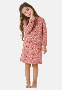 Long-sleeve dress in dusty pink with a cream leopard print pattern. Made of soft fabric, knee-length cut, and round neckline. No visible fastenings.