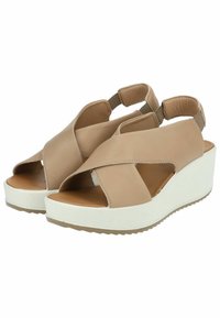 Sandali con zeppa beige, design a strappo incrociato, punta aperta, suola piattaforma bianca e cinturini elastici sul tallone per una vestibilità regolabile.