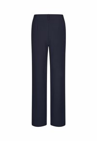 Navy blue trousers with a straight-leg design, featuring front pleats, belt loops, and two back pockets. Crafted from smooth, durable fabric.