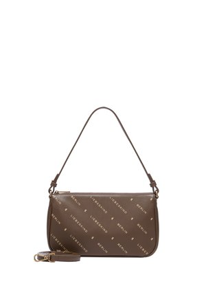 Sac à main en cuir marron avec impression du logo diagonal "Liebeskind Berlin", une poignée courte attachée et une longue bandoulière détachable à côté.