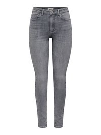 Skinny jeans in a faded gray denim, featuring a classic five-pocket design, a button and zipper closure, with minimal distressing.
