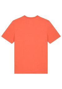 T-Shirt mit kurzen Ärmeln in leuchtendem Korallenrot, mit Rundhalsausschnitt, aus weichem Baumwollmaterial und einem schlichten Design ohne Verzierungen oder Muster.