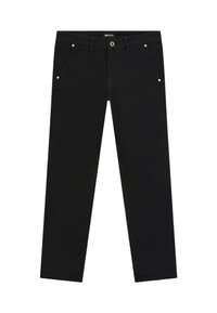 Pantaloni in denim nero con vestibilità dritta, dotati di cinque tasche, chiusura con bottone e sottili dettagli metallici sulle tasche anteriori.