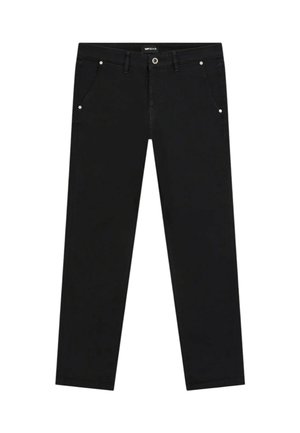 Pantaloni in denim nero con vestibilità dritta, dotati di cinque tasche, chiusura con bottone e sottili dettagli metallici sulle tasche anteriori.