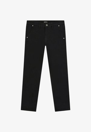 Schwarze Jeanshose mit geradem Schnitt, ausgestattet mit fünf Taschen, einem Knopfverschluss und subtilen Metallelementen an den Vordertaschen.