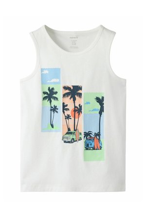 White sleeveless shirt with three vertical panels showing palm trees, sunset, waves, surfboards, and vintage vans.