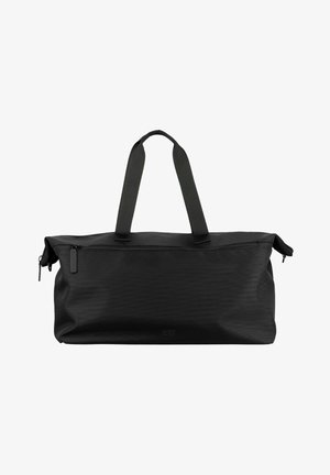 Sac de sport en tissu noir doux avec deux bretelles et une ouverture supérieure zippée, conçu pour les voyages ou pour la salle de sport.