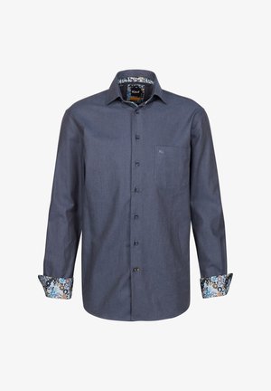 Camicia a maniche lunghe blu scuro con bottoni, dotata di taschino sul petto e polsini a fantasia floreale. Realizzata in un tessuto testurizzato.