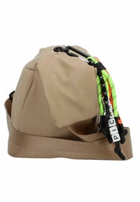 Beige synthetic bag with a padded design, features black hardware and colorful pull cords. The strap is flat and made of a smooth texture.