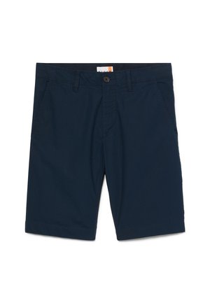 Pantaloncini blu navy su misura con chiusura a bottone, passanti per cintura e tasche laterali, mostrati stesi su uno sfondo bianco.