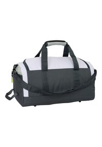 Sac de sport rectangulaire noir et blanc avec poignées doubles, bandoulière réglable et fermeture éclair.