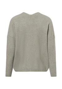 Grau gestrickter Pullover mit einem V-förmigen Ausschnitt im Rückenteil, fallenden Schultern und einem gerippten Textur. Die Passform ist lässig und die Ärmel sind lang.