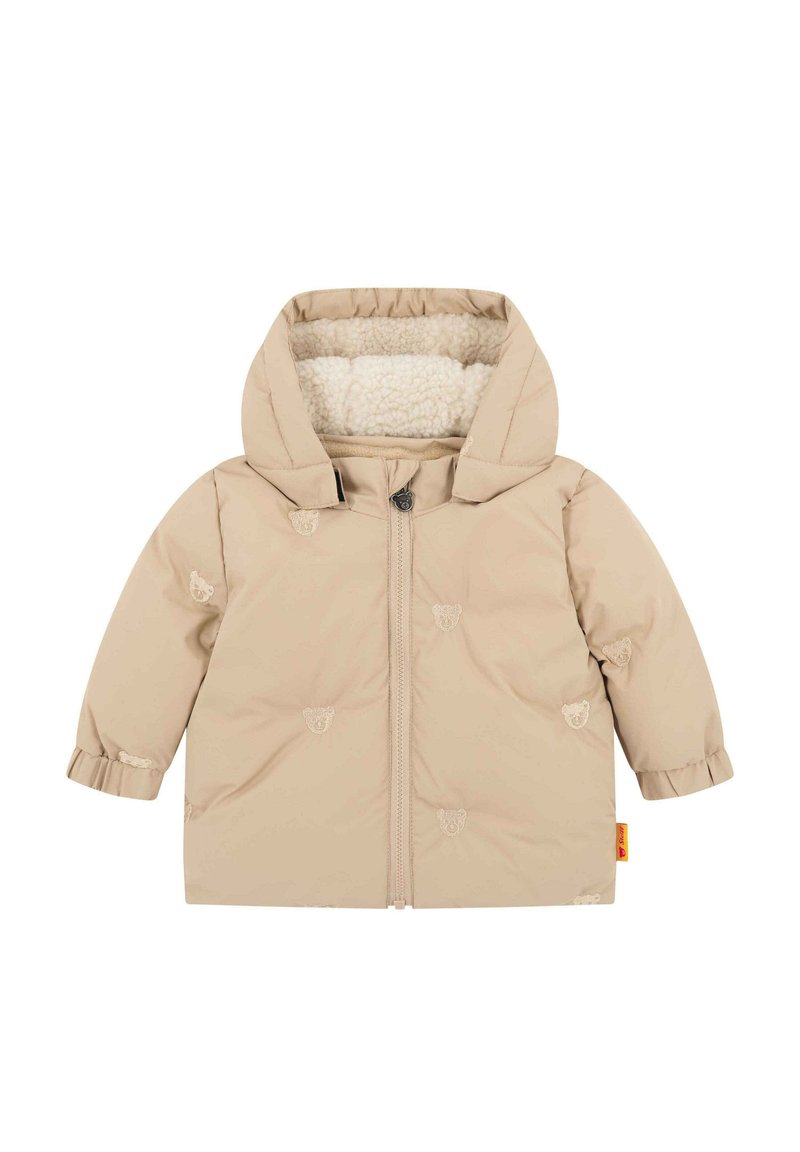 Giacca puffer beige con foderatura in pelliccia, caratterizzata da ricami di orsi in rilievo, chiusura con zip e cappuccio con dettagli cuciti.