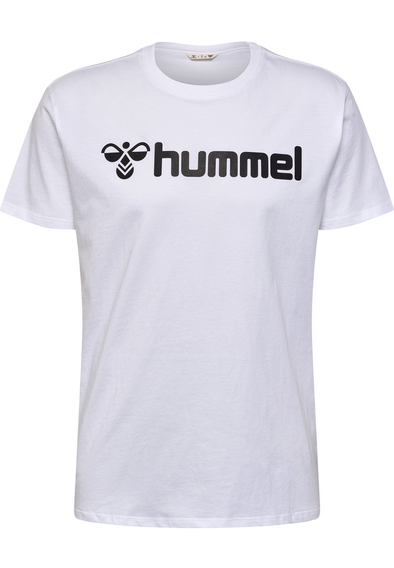Bijela pamučna majica s crnim "hummel" logotipom na prednjoj strani. Klasičan kroj s okruglim dekolteom i kratkim rukavima. Glatka tekstura.