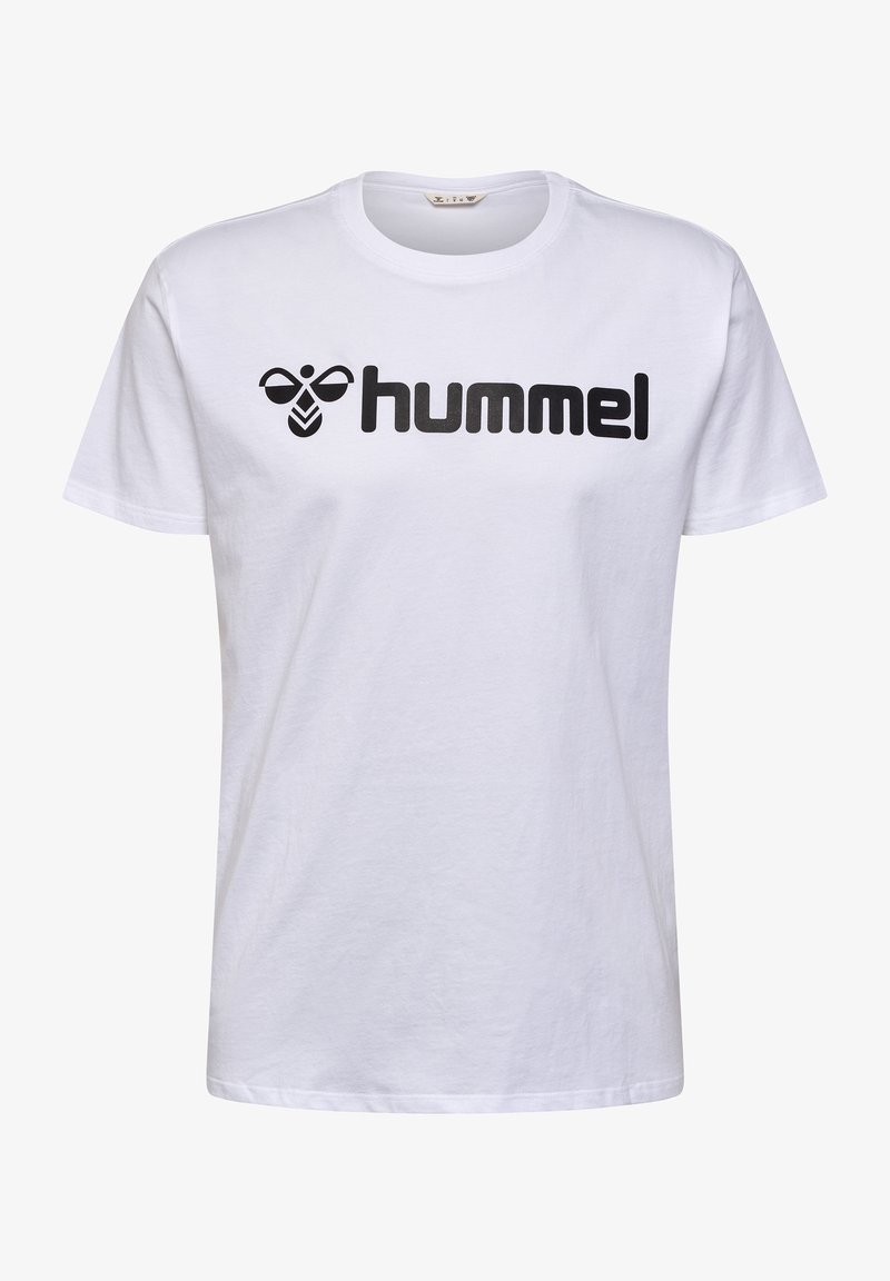 Bela bombažna majica s črnimi "hummel" logotipom spredaj. Klasičen kroj z okroglim izrezom in kratkimi rokavi. Gladka tekstura.