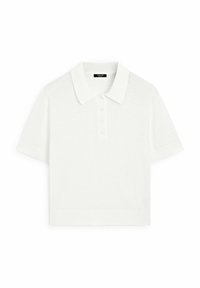 Valkoinen lyhythihainen polo-paita, joka on valmistettu kevyestä neuloksesta. Paidassa on klassinen kaulus, lyhyet hihat ja neljän napin napitus.