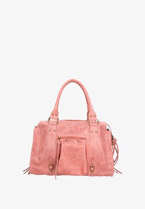 Borsa a tracolla in ecopelle rosa con finiture dorate, doppio manico, tasca con cerniera frontale e dettagli frangia decorativi. Texture liscia. Forma rettangolare.