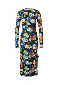 Langärmliges Wickelkleid aus Stretchstoff mit einem bunten Blumenmuster auf schwarzem Hintergrund und seitlichem Zugbanddetail.